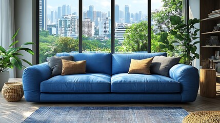 Fototapeta premium Modern living room with blue sofa and city view.