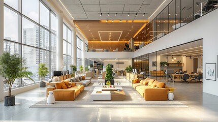 Open Office Concept: A spacious and modern office layout with collaborative work areas and contemporary design elements, ideal for illustrating teamwork and corporate culture. High resolution