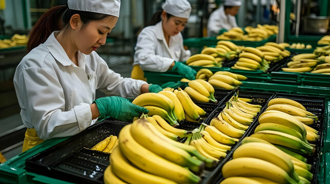 Workers sorting bananas in a packing facility for distribution.