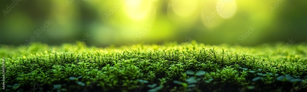 Poster a vibrant close-up of lush green moss illuminated by soft light, creating a serene, natural atmosphe