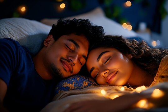 Realistic image of a couple sleeping together, with gentle light casting a warm glow over the room, symbolizing comfort and connection through rest