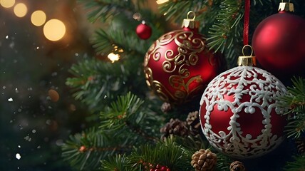 Obraz premium Christmas tree decorations with ornaments.