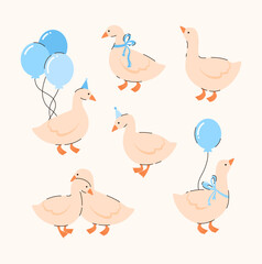 Set of cartoon geese with blue bows and balls. Birthday elements. Flat vector illustration.
