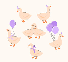 Set of cartoon geese with purple bows and balls. Birthday elements. Flat vector illustration.