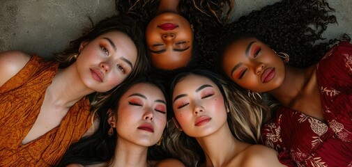 Obraz premium Diverse women posing together with eyes closed, showcasing natural beauty.