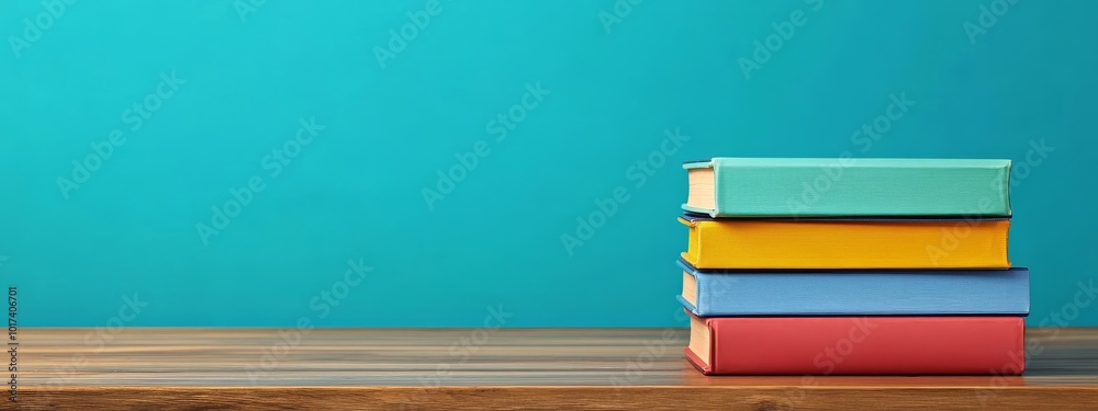 Aufkleber a stack of colorful books on a wooden table with a blue background.