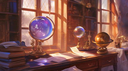 夕陽に輝く水晶の地球儀と書斎の神秘的な光景