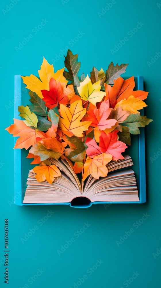 Aufkleber creative conceptual image of an open book with autumn leaves on turquoise background