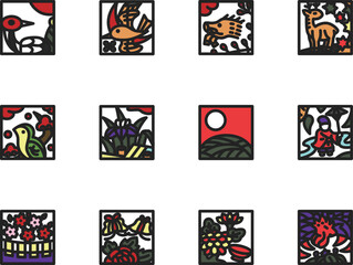 ミニ正方形カラー花札アイコンセット