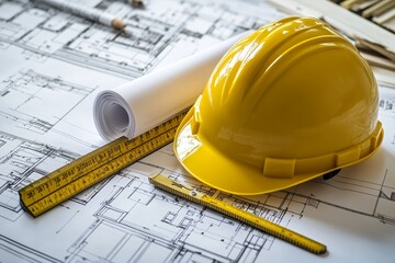 Yellow hard hat, ruler, and rolled blueprints on a blueprint for a house.
