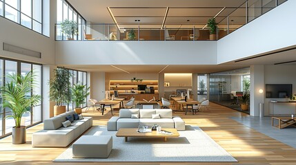 Open Office Concept: A spacious and modern office layout with collaborative work areas and contemporary design elements, ideal for illustrating teamwork and corporate culture. High resolution