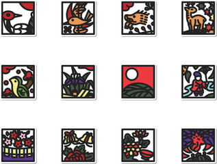 Naklejka premium ミニ正方形ステッカー花札アイコンセット（背景なし）