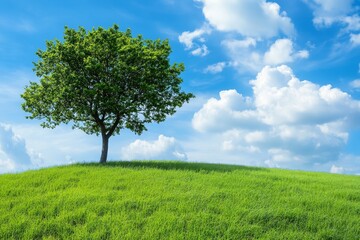 Fototapeta premium A single tree stands tall on a grassy hill with a bright blue sky and fluffy white clouds in the background.