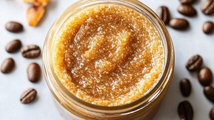 A jar of coffee scrub cream with a creamy, textured consistency, sprinkled with coffee beans around, emphasizing its exfoliating properties for revealing glowing skin