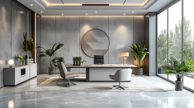 Modern Office Environment: A sleek and minimalistic office space with contemporary furniture and a clean design, ideal for business presentations and professional themes. High resolution