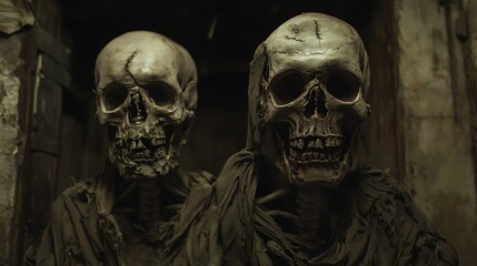 Two skeletal figures in tattered clothing, set in a dark environment.