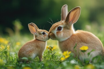 Fototapeta premium Mother rabbit kissing baby rabbit in a spring meadow