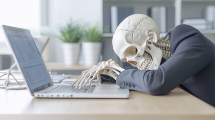 Skeleton in a Suit:  A skeletal figure in a business suit rests its head on a laptop keyboard.