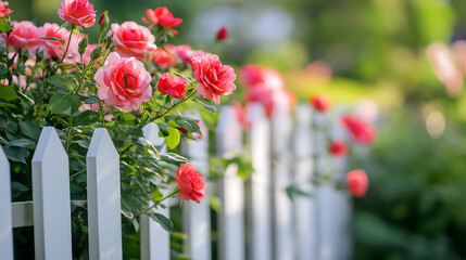 Pink Roses Behind White Picket Fence
