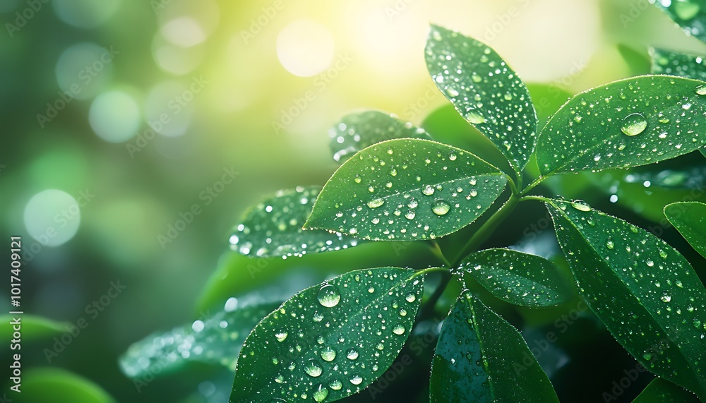 Poster A close-up of lush green leaves covered in droplets of water, illuminated by soft sunlight, creating a serene and refreshing natural scene.