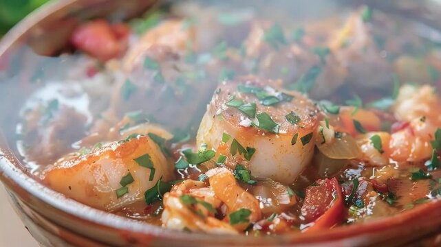 Steaming bowl of cajun seafood gumbo with fresh parsley garnish, showcasing flavors and textures. Louisiana and new orleans dish with shrimp, sausage, andouille, and scallops in rich broth