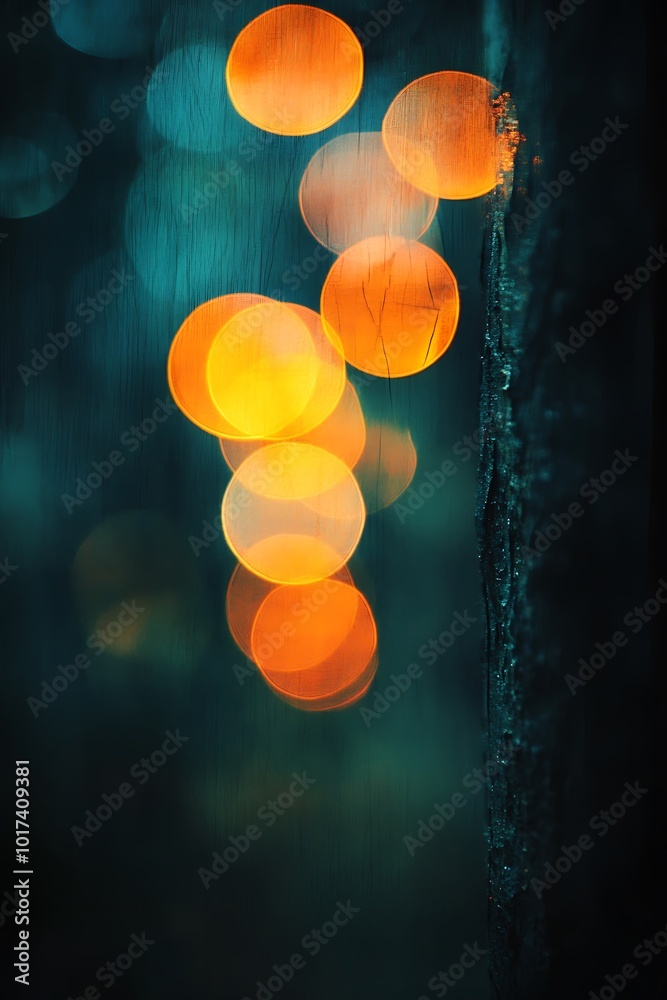 Aufkleber a soft-focus image featuring shimmering orange bokeh lights against a dark, moody background, evokin