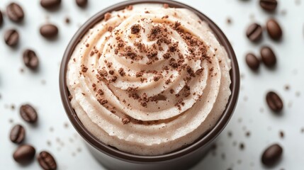 A luxurious coffee scrub cream container with a swirl of exfoliating scrub, coffee beans scattered around, emphasizing its ability to reveal fresher, brighter skin