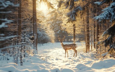 Fototapeta premium A snowy forest clearing with a deer standing in the snow, soft light filtering through trees