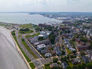 Fototapeta premium Lynn Heritage State Park and Lynn Yacht Club Marina aerial view at the coast of Massachusetts Bay in downtown Lynn, Massachusetts MA, USA. 