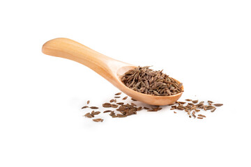 Dried cumin seeds in a wooden spoon on a white background. A cooking seasoning popular in the cuisine of Asia and the Middle East