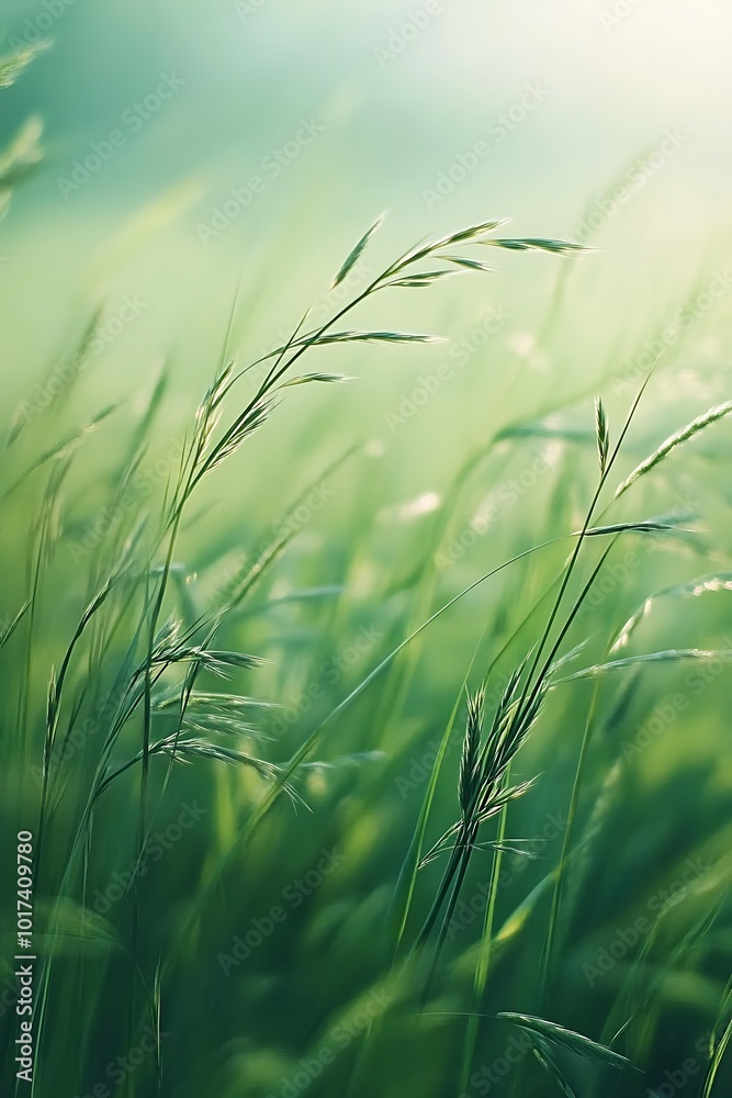 Poster lush green grass sways gently in the breeze, illuminated by soft sunlight, creating a serene and tra