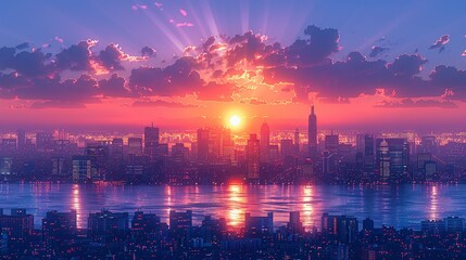 Skyline at Twilight: A stunning view of a city skyline at twilight with glowing lights and contemporary architecture ideal for urban themes and city-related projects. High resolution Illustration, in