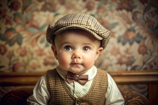 Baby boy in vintage outfit with sweet expression