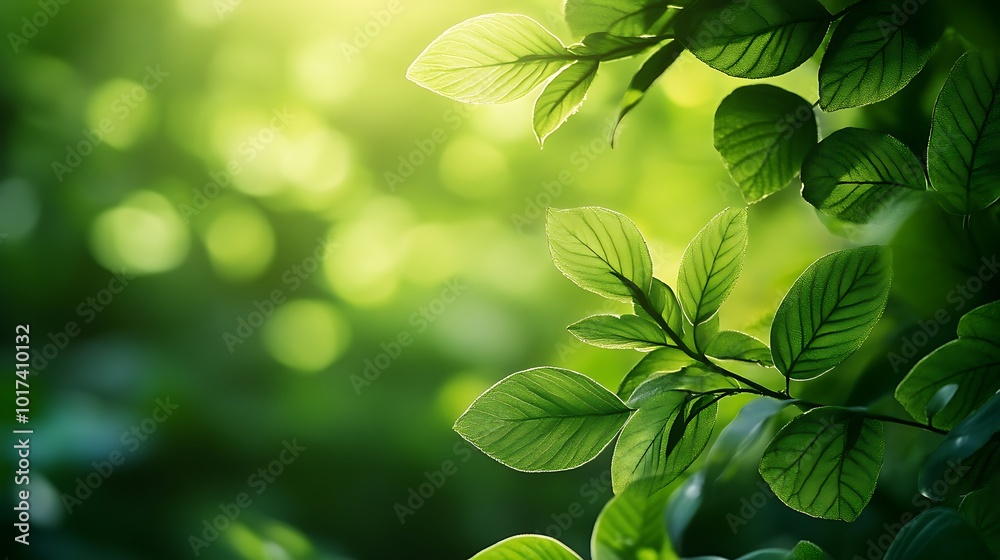Poster lush green leaves bathed in soft sunlight, creating a serene and refreshing atmosphere.