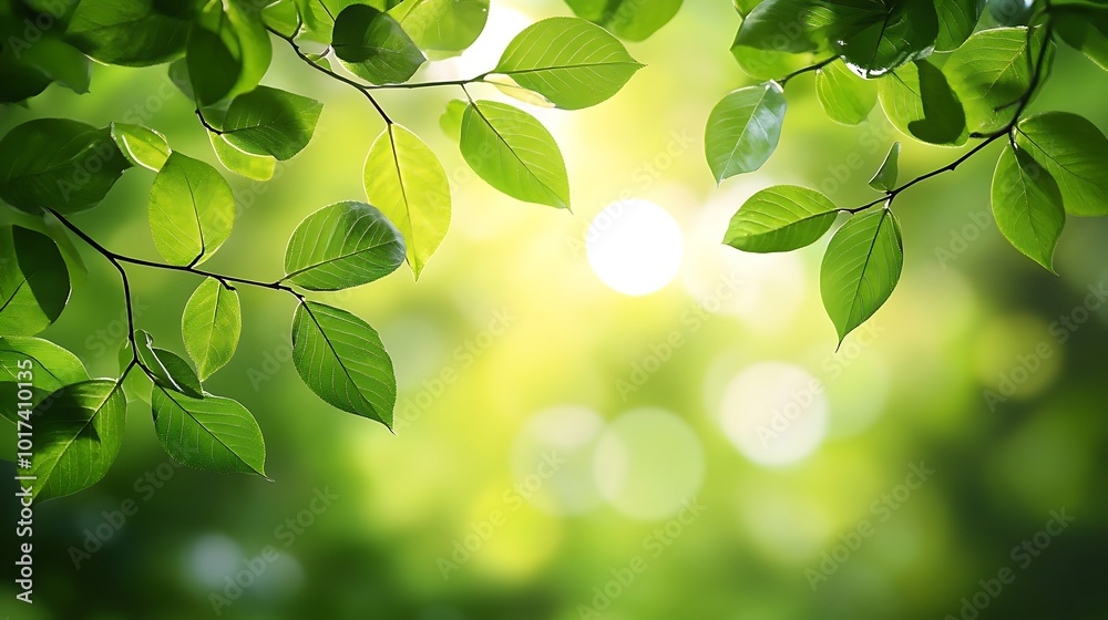 Poster a tranquil background of lush green leaves with soft sunlight filtering through, creating a serene, 
