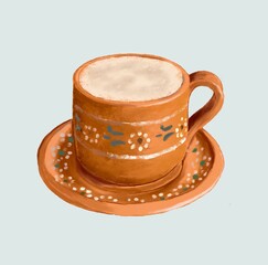  Coffee, Mexican coffee, clay cup, saucer, ornament, hot, fresh, brown, drawing, atole, illustration, drink, Mexican drink, colored pencils, dry equipment, cafe de olla, atole 