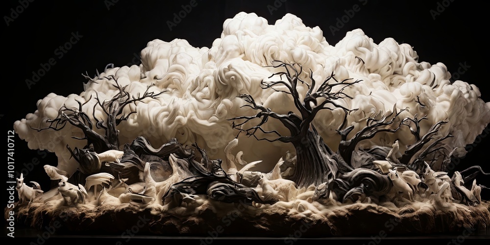 Poster a large white cloud with trees and birds in the foreground