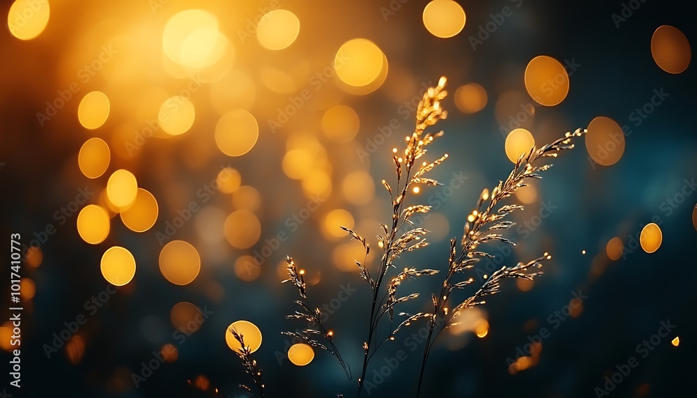 Poster a close-up of glowing grass against a blurred golden background, creating a serene and ethereal atmo