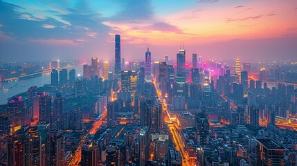 Fototapeta premium Cityscape at Evening: A stunning view of a city skyline at evening with illuminated buildings and busy streets ideal for themes related to urban living and metropolitan environments. High resolution