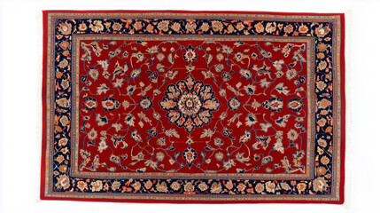 A stunning rug with a rich red background and intricate floral patterns. 