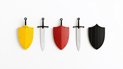 A row of swords and shields in various colors, arranged against a white background.
