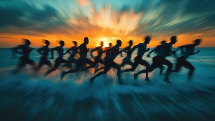 Fototapeta premium Runners blur past at sunset over ocean waves, creating a dynamic athletic scene.
