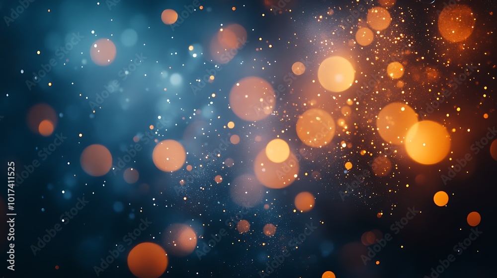 Poster a vibrant abstract background featuring glowing orange and blue bokeh lights with a dreamy, sparklin