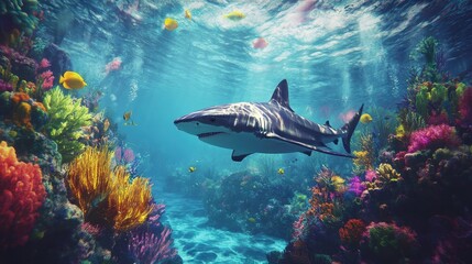 Obraz premium Shark Swimming Through Vibrant Coral Reef
