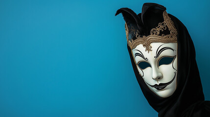 Obraz premium A captivating jester mask with a long, flowing black veil and intricate gold details. 