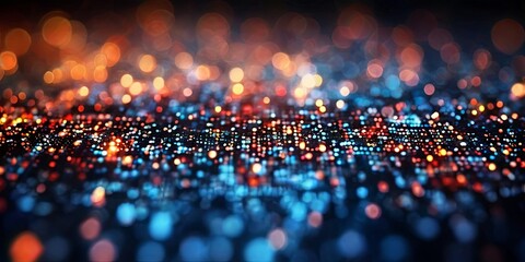 A colorful, blurry image of a cityscape with many small dots