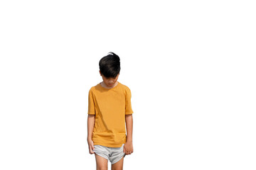 Asian boy in yellow t-shirt standing isolated on white background.Promotion billboard concept