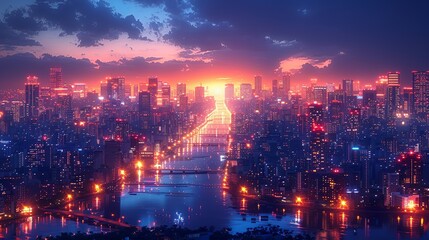 Fototapeta premium Cityscape at Night: A vibrant city scene with glowing lights and modern buildings capturing the essence of city nightlife and the energy of a thriving metropolis. High resolution Illustration, in the