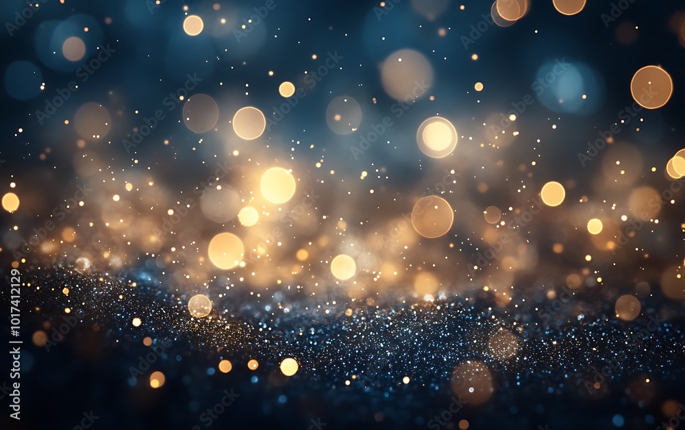 Poster an enchanting abstract background featuring shimmering bokeh lights in gold and blue hues, creating 