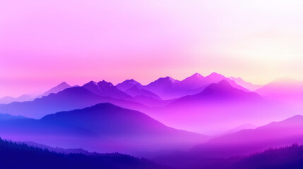 Obraz premium Breathtaking mountain landscape at sunset, showcasing vibrant purple and pink hues blending seamlessly across sky and peaks, creating serene and tranquil atmosphere